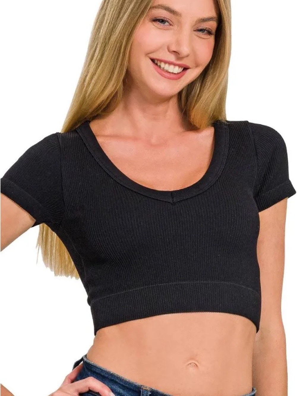 Zenana Outfitters Black Ribbed Scoop Neck Crop Top